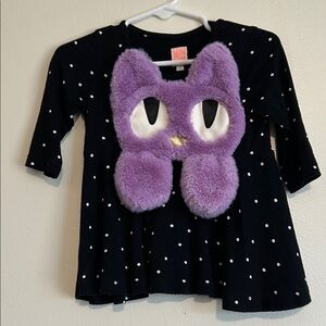 Danish Brand Kids' Black Polka Dot Top with Plush Purple Cat